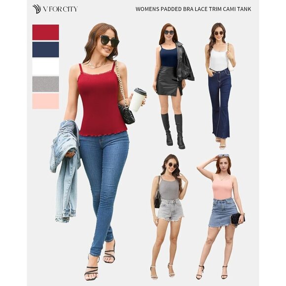 Women Ribbed Tank Top Built-in Padded Bra Lace Adjustable Strap Casual - Picture 5 of 8